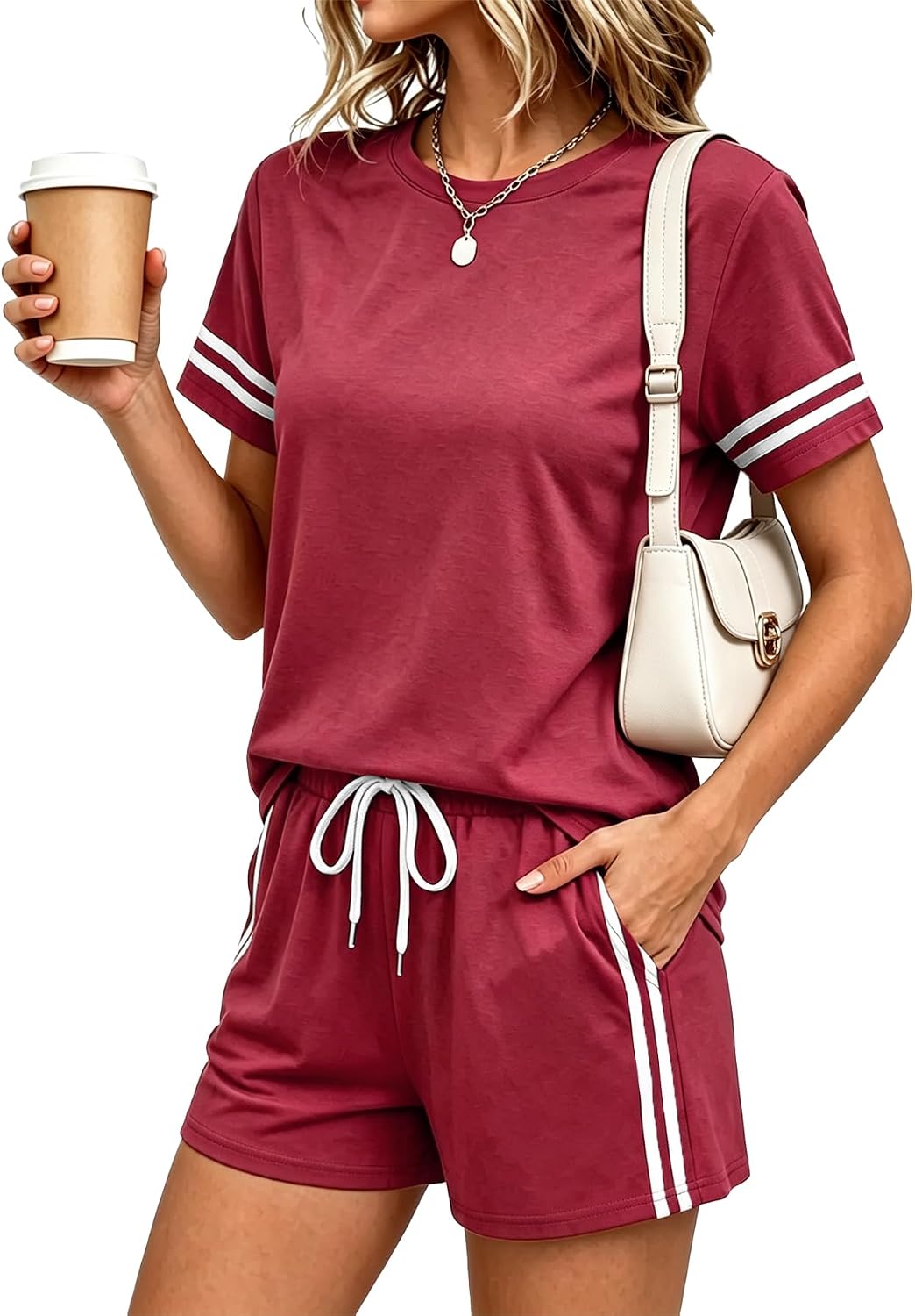 Women 2 Piece Lounge Short Sets Summer Crew Neck Sleepwear Casual Outfits Sweatsuit with Pocket