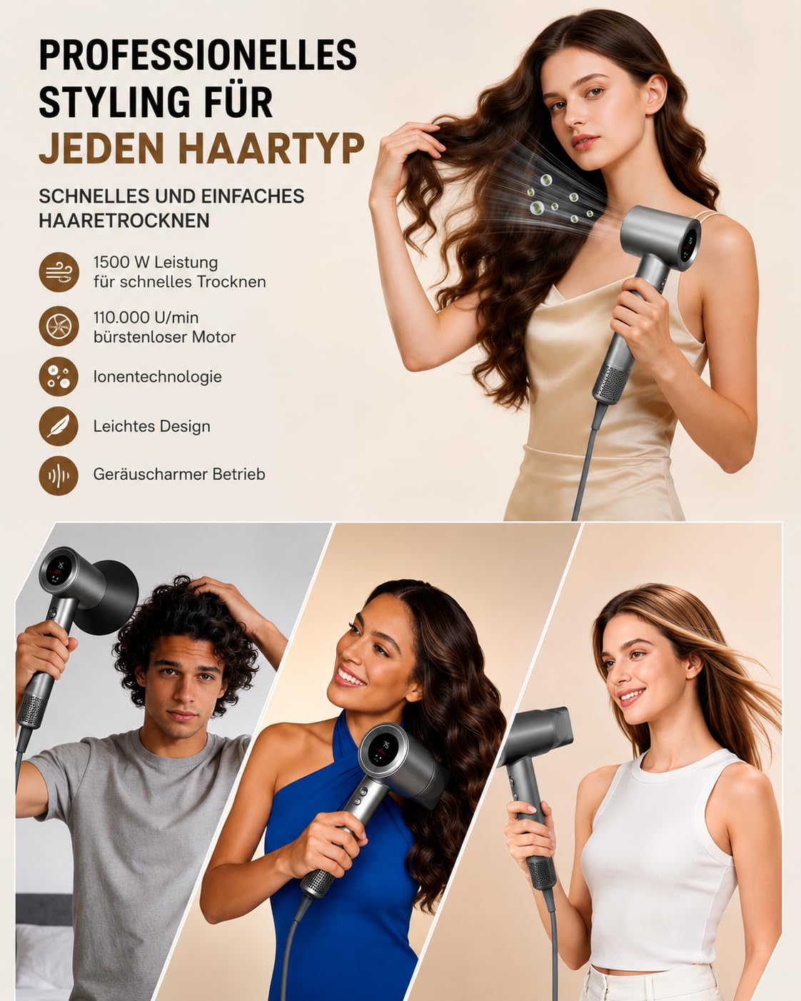 Profi Haartrockner mit LED-Display, 110.000 U/min Brushless Motor, 200 Mio. Plasma-Ionen, Schnelles Trocknen, Ultra Leise, Leichtgewicht, Diffusor inklusive, Für Glattes Haar&Weniger Frizz