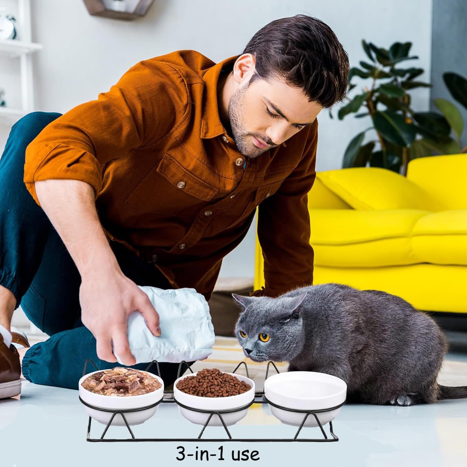 Set di 3 ciotole per gatti in ceramica,15° Inclinate Doppio Gatto Ciotola,con supporto,ciotola rialzata per gatti,inclinata,anti-vomito,per Cani Piccoli, Gattini