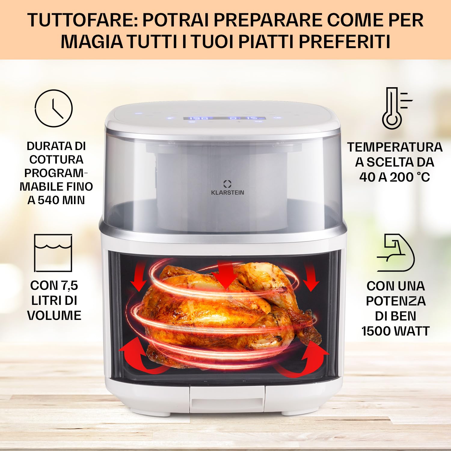 Klarstein Friggitrice ad Aria Calda 7.5L 16 Programmi Timer Selezione della Temperatura Controlli Touch