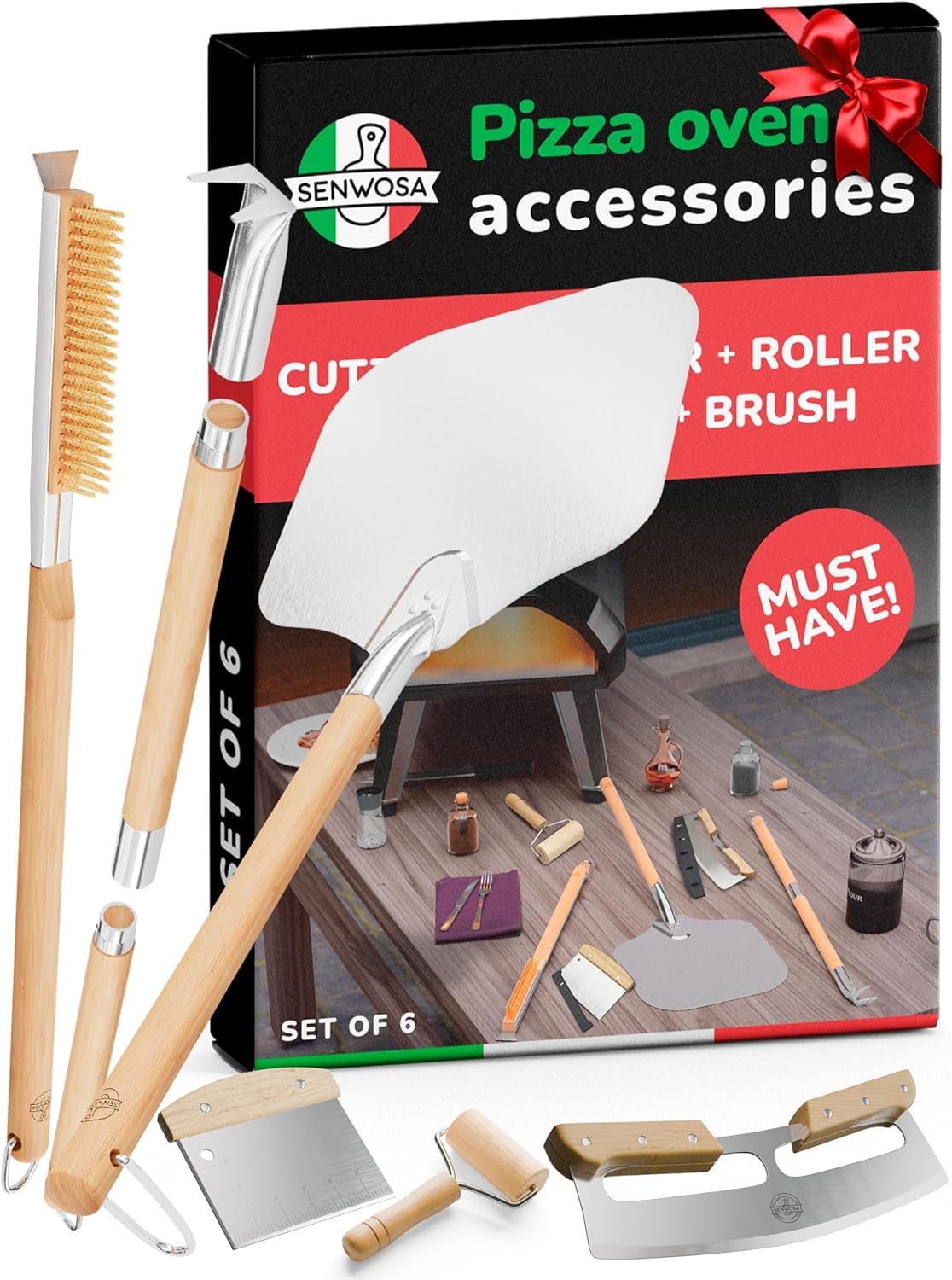 Senwosa Pizzaofen Zubehör Kit - Premium 6-teiliges Set für Zuhause Pizza Herstellung - Pizzaschieber, Backofen/Steinbürste, Pfannenwender/Bubble Popper, Cutter Rocker, Teigwalze, Teigschaber