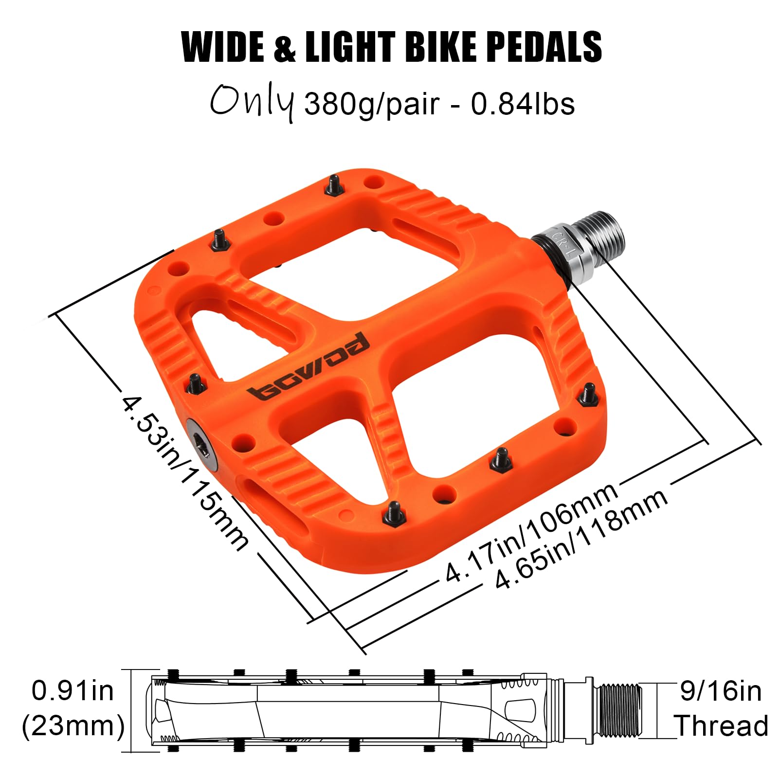 Mountain Bike Pedals, MTB Pedals w Wide Light Nylon Composite Pedal Platform, Non-Slip Bicycle Pedals w 12pins, fit for 9/16" Adult BMX, Gravel, Cyclecross, City, Road Bike, Cr-Mo Axel 2Bearings