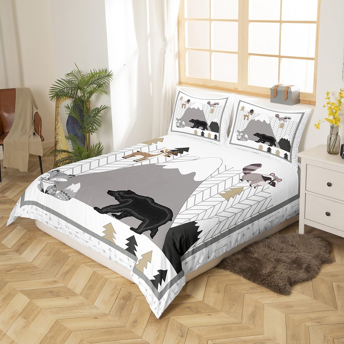 Cute Animals Duvet Cover Cartoon Fox Bear Bedding Set Mountains and Trees Comforter Cover for Boys Girls Kids Room Decor Kids Cartoon Bedspread Cover Twin Size with 1 Pillow Case(No Comforter)