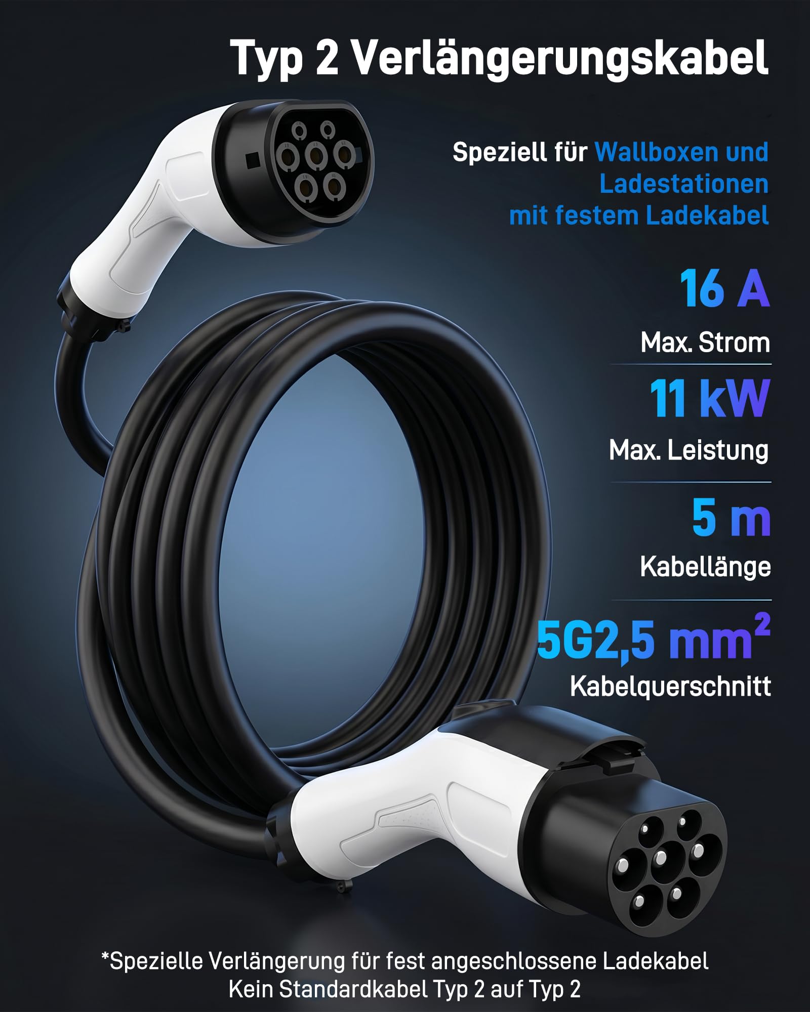 Typ 2 Verlängerungskabel (16 A, 11 kW, 5 m, 3-phasig) - Wallbox-Verlängerungskabel für EV-Ladegeräte, Wallboxen & Ladestationen, Kompatibel mit Elektroautos (EV) & Plug-in-Hybriden (PHEV)