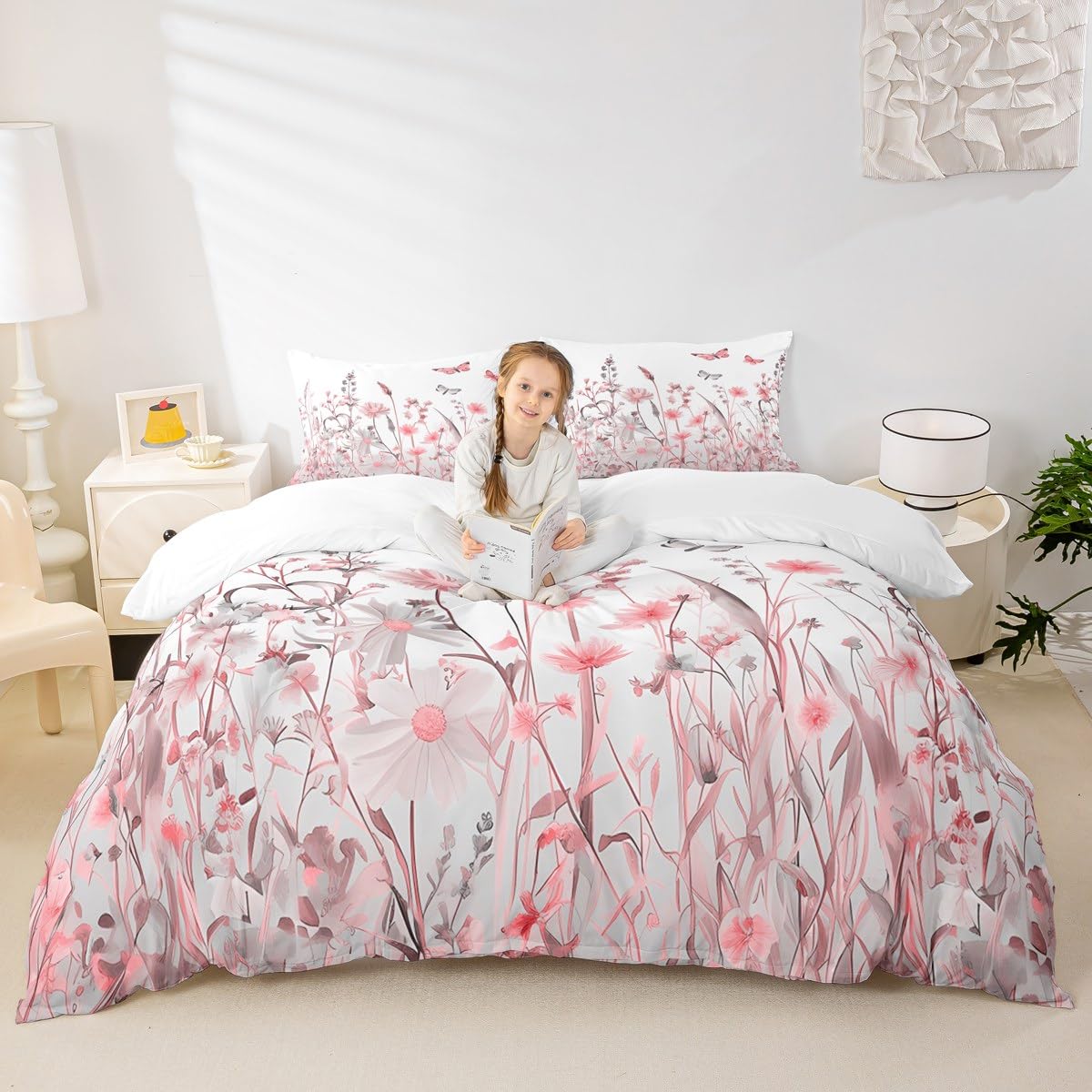 Homemissing Red Pink Flowers Pattern Duvet Cover Set King Size for Girls Adults Women Kids Butterflies Print Bedding Set Garden Flower Comforter Cover with 2 Pillowcases Nature Theme Zipper - Image 4