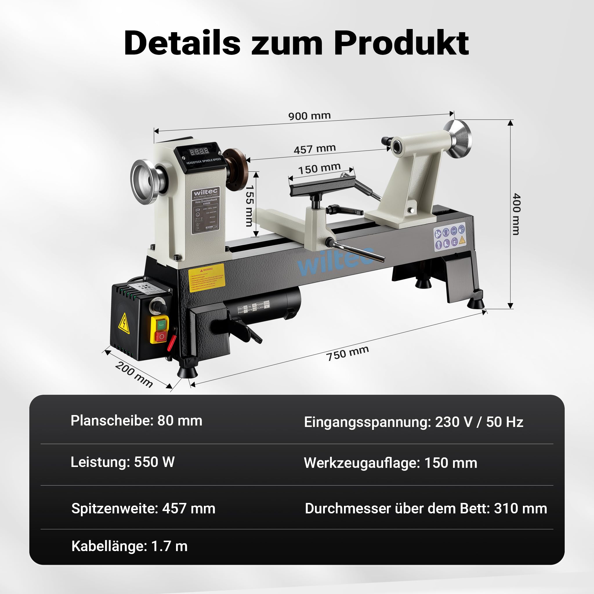 Wiltec Drechselbank 550 W mit variabler Drehzahl 650-3800 U/min, Drechselmaschine mit Planscheibe, Drehbank für Holz bis 457 mm Länge