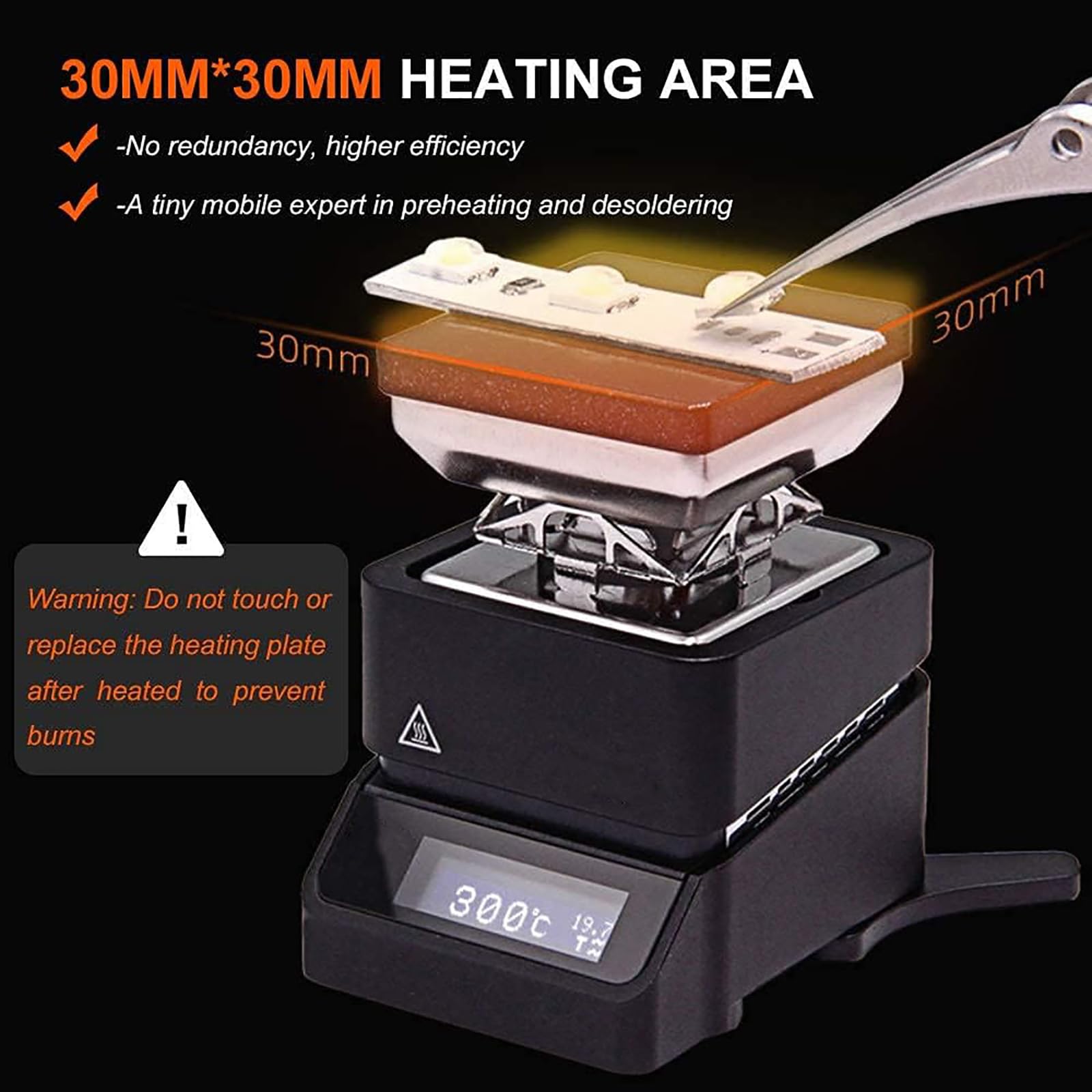 Placa caliente de soldadura digital, mini estación de precalentador de placa caliente con controlador extraíble, área de calefacción de 30 x 30 mm y constante inteligente de 100-300 °C, calentamiento
