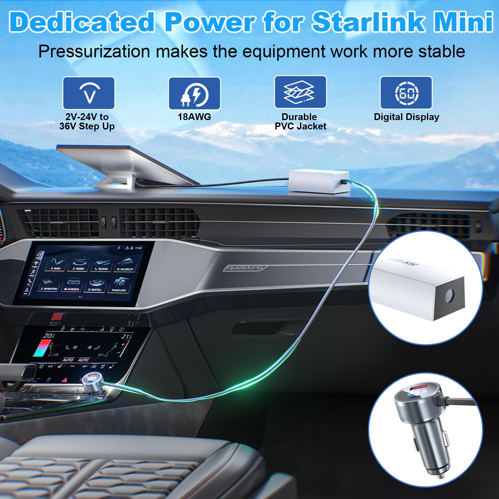 Starlink Mini adattatore da auto, 3 in 1 Starlink mini caricabatteria da auto 12 V-24 V a 36 V, convertitore Step Up cavo di alimentazione CC con display digitale, resistente USB C PD 45 W e