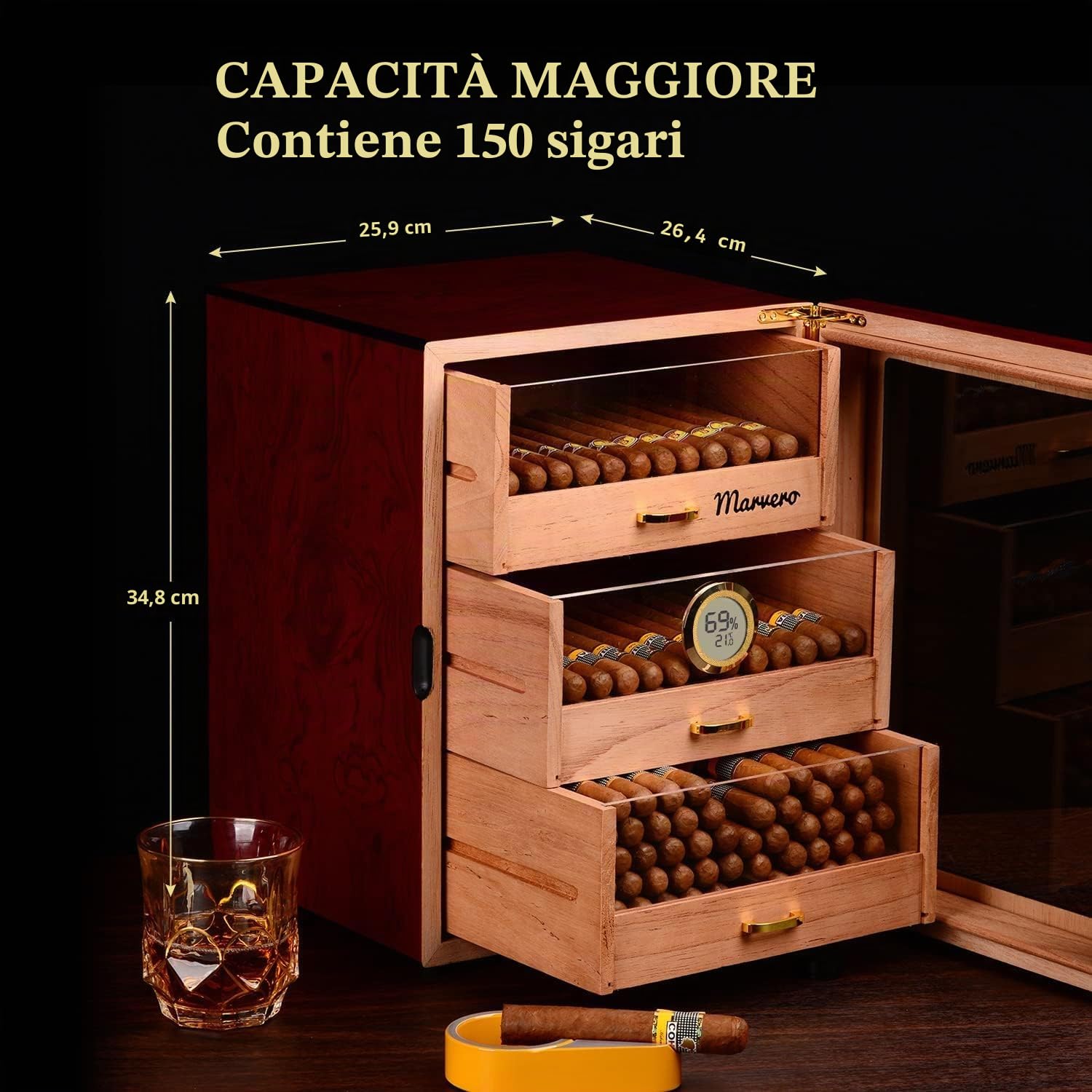 Humidor in Cedro Fatto a Mano, 150 Sigari, Igrometro | 3 cassetti in cedro, doppia porta in vetro, igrometro digitale e umidificatore; armadio artigianale per 150 sigari