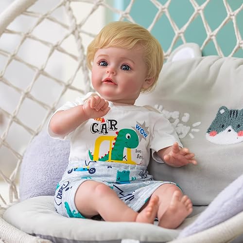 Miniatura 3 de Muñecas de bebé Reborn realistas de 24 pulgadas con aspecto real de silicona realista con ojos azules, cabello rubio, cuerpo suave, muñeca pesada,