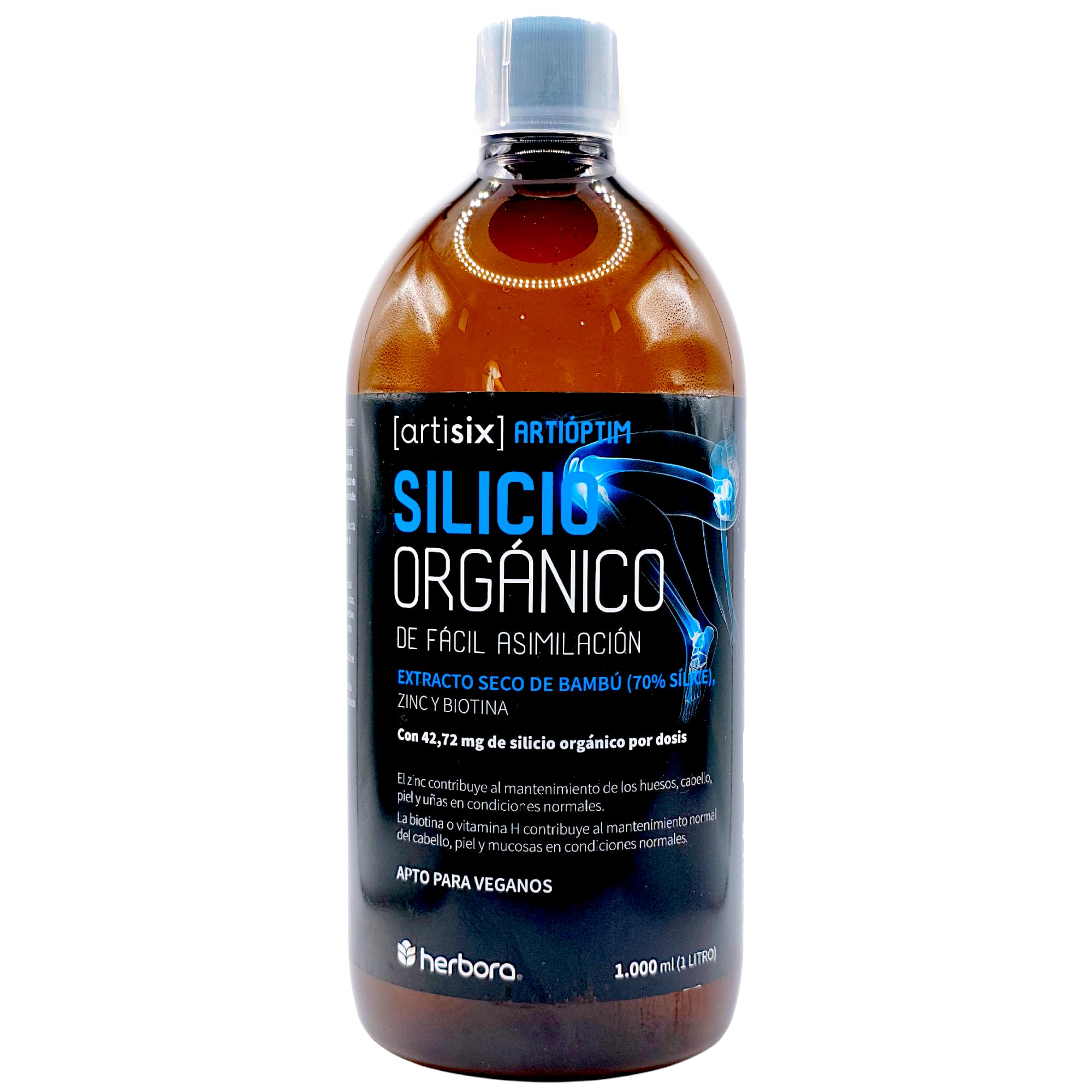 Herbora Silicio Orgánico Artioptim 1 Litro - Extracto de Bambú de Alta Asimilación con Zinc y Biotina - Refuerzo para Articulaciones, Huesos, Cabello, Piel y Uñas - Suplemento Líquido