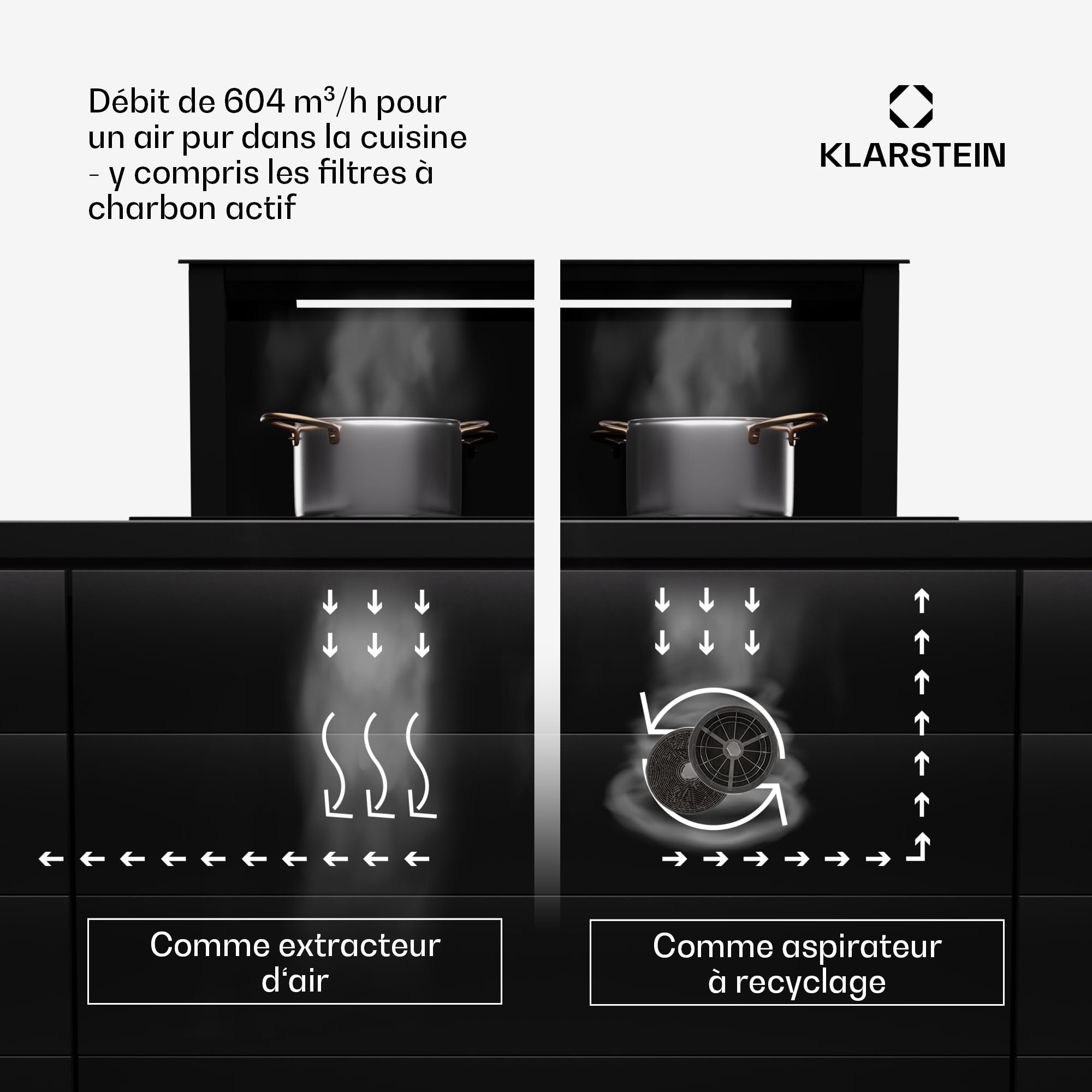 Klarstein Hotte Aspirante 75 cm, Hottes de Cuisine 2 en 1 à Aspiration Descendante, Débit d'Air de 576 m³/h, Modes de Ventilation, Eclairage LED, Tactile, Hotte Aspirante de Cuisine Silencieuse