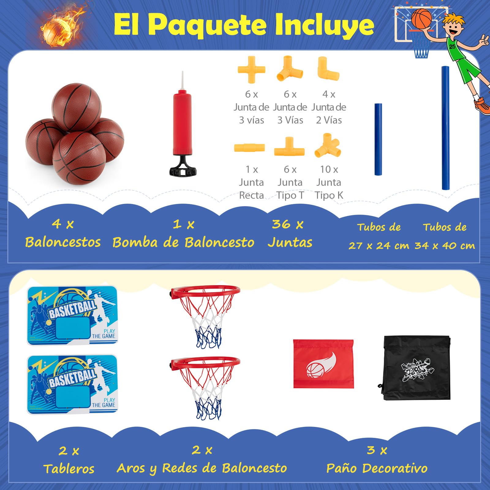 GYMAX Niños Arcade - Canasta de Baloncesto con Soporte, Juego de Baloncesto para 2 Jugadores, Incluye 2 Cestas, 4 Bolas, Bomba, Aro de Baloncesto para Interior