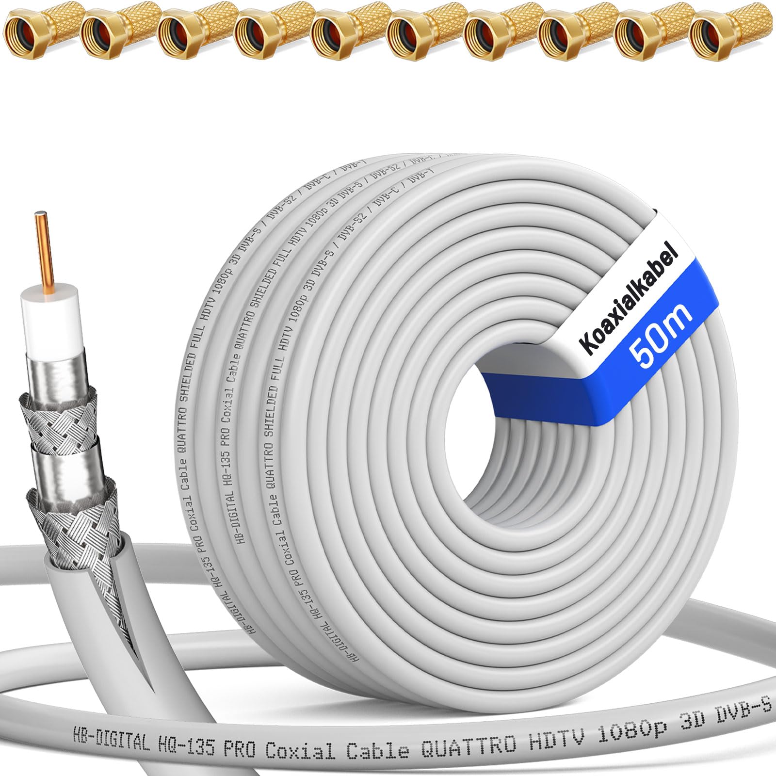 HB-DIGITAL 50m SAT Koaxialkabel 135dB 4-fach geschirmt 8K 4K UHD inkl. 10x F-Stecker – Antennenkabel für DVB-S2 DVB-C2 DVB-T2 TV SAT – CCS Innenleiter – Weiß