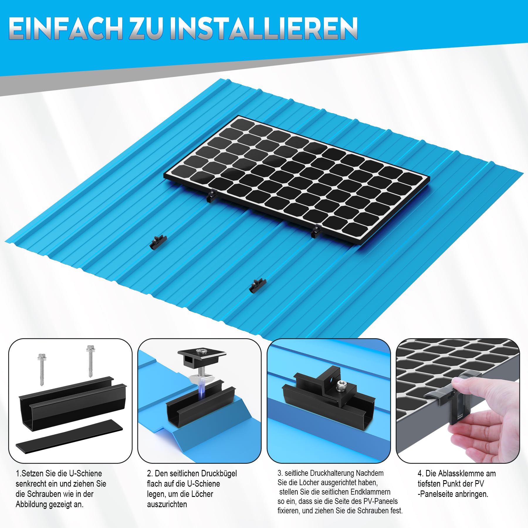 Kit de Montage PV pour 4 Module,Support de Panneau Solaire, Rail Noir de 12 CM,Clips de Drainage d'eau 30 MM, Pince Réglable pour Modules de 30 à 35 mm d'épaisseur- Pour toit plat,trapézoïdal