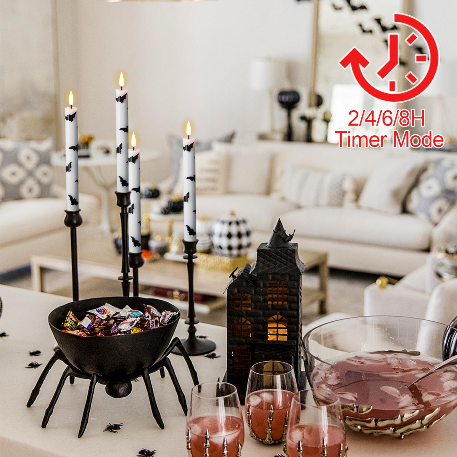 GenSwin Candele coniche senza fiamma per Halloween, confezione da 4 candele a LED coniche a batteria con timer remoto, candele senza fiamma tremolanti in vera cera bianca con stampe di pipistrelli per
