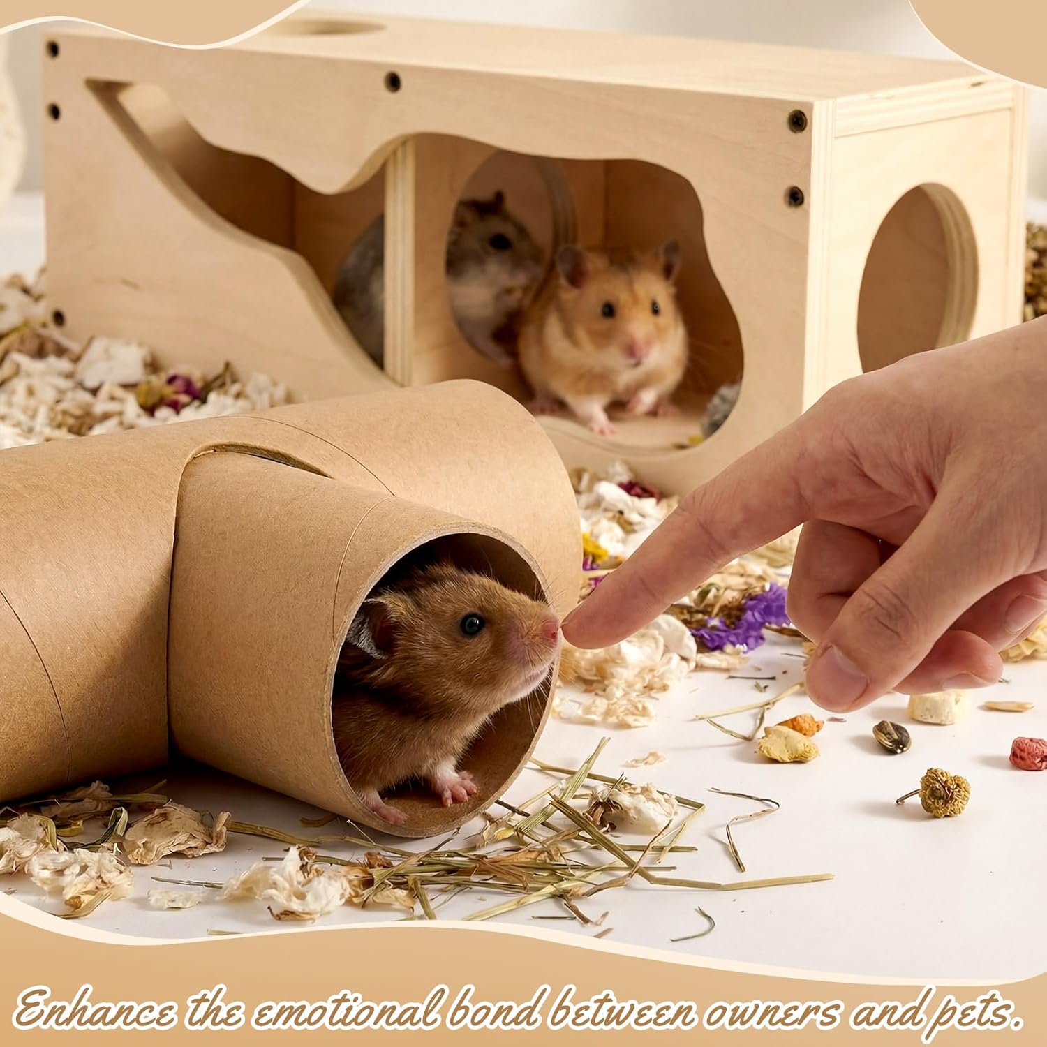 Hamster Tunnel Tubes and Wooden House Set, Composable DIY Hamster Tunnels and Hideout, Small Animal Tube for Mouse Gerbils Mice or Other Small Animals Habitat