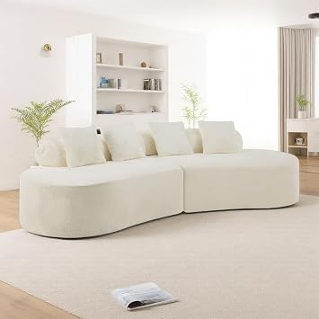 Curved Boneless Sofa, Modern Modular Cloud Sofa with Cylindrical Backrest & 4 Coordinating Pillows, 111'' Leisure Compressed Sectional Couch with Ergonomic Design for Living Room, White
