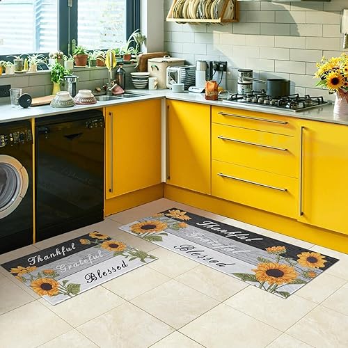 Miniatura 8 de Protikol Juego de 2 alfombras de cocina con diseño de girasol, antideslizantes, impermeables, resistentes a las manchas, para suelo, cocina,