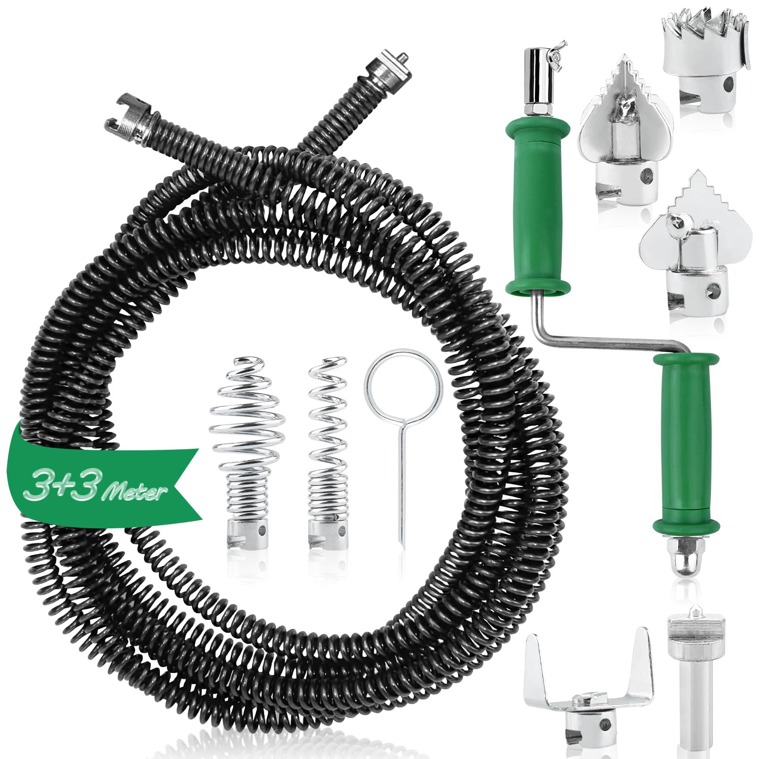 Rohrreinigungsspirale Abflussreiniger Spirale Abfluss Rohrreinigung 3+3m×12mm Rohrspirale Abflussspirale Rohrreinigungswelle Drain Snake mit 6Stk Abflussreiniger Schneidkopf