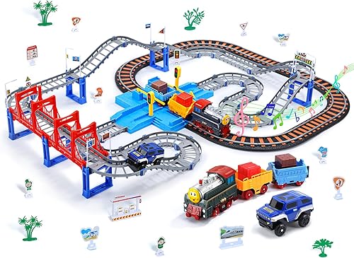 CUTE STONE Juego de tren de juguete para niños pequeños, juego de pista de tren con coches, tren eléctrico con sonido realista, juego de pista de