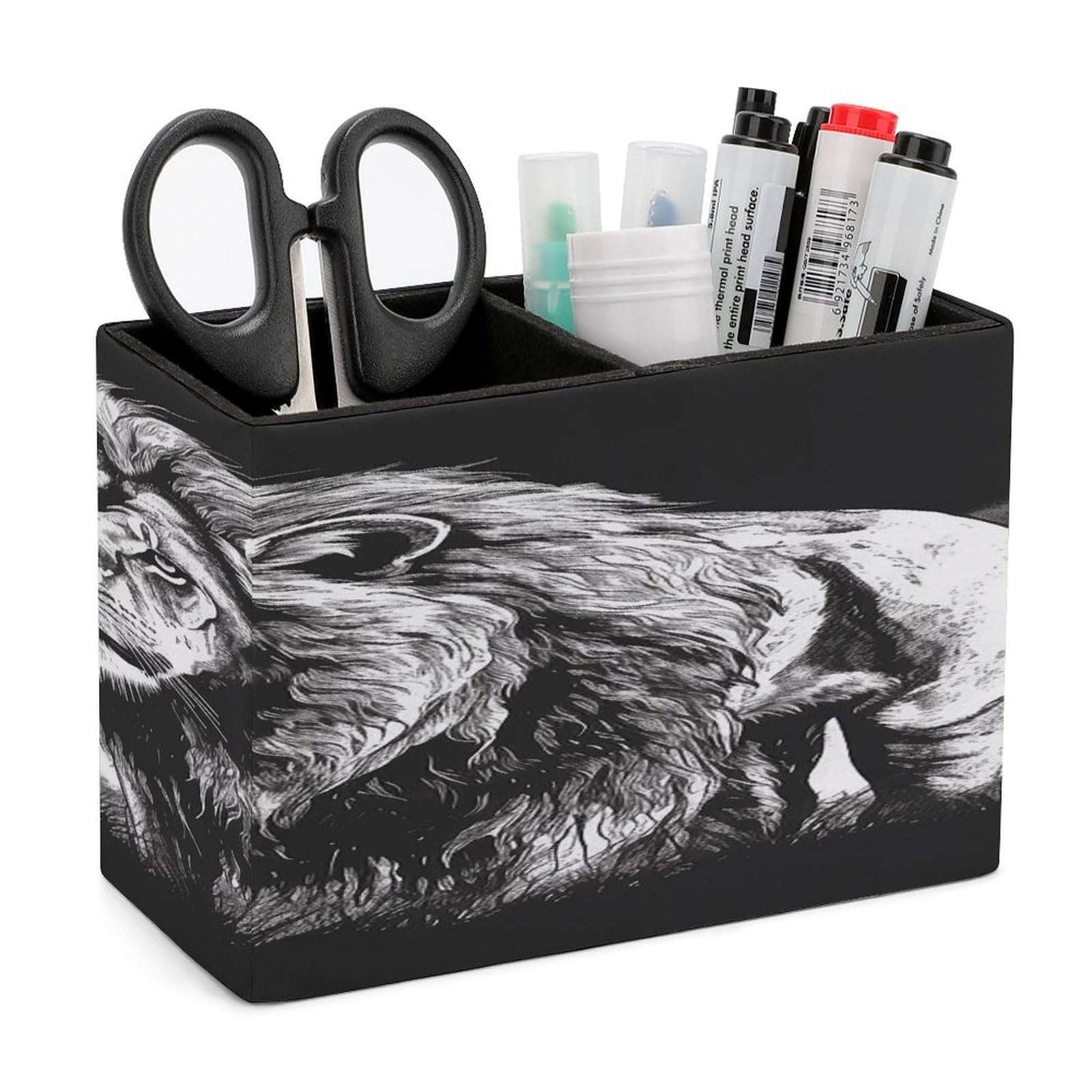 VstaDank Lion Black And White Illustration Pencil Holder for Desk Organizer 2 Compartments Pen Cup Leather Square Pen Holder Pencil Cup Stand Makeup Brush Holders for Desktop Organizer Storage Case