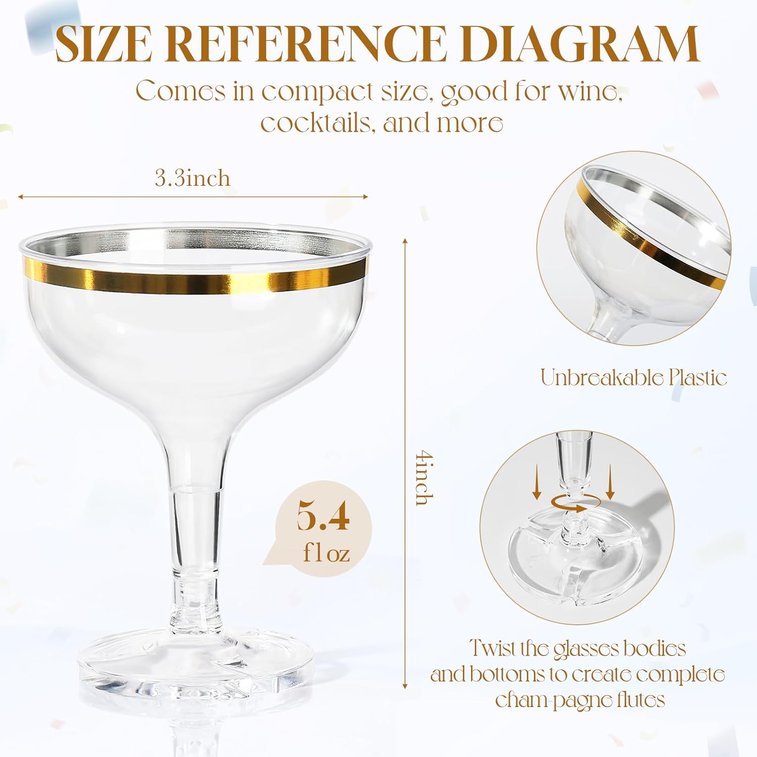 Champagne Tower Glasses, 50 Pack 5.4 fl oz Plastic Coupe Glasses for Parties with Gold Rimmed, Disposable Clear Acrylic Martini Cocktail Cups, Unbreakable Reusable Unique Champagne Glasses - Image 3