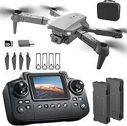 Drone E88 com controlador de tela com cartão SD, mini drone dobrável para iniciantes, 2 baterias, giro de ponto de passagem de 360°, evitação ativa de obstáculos, decolagem/pouso com uma tecla