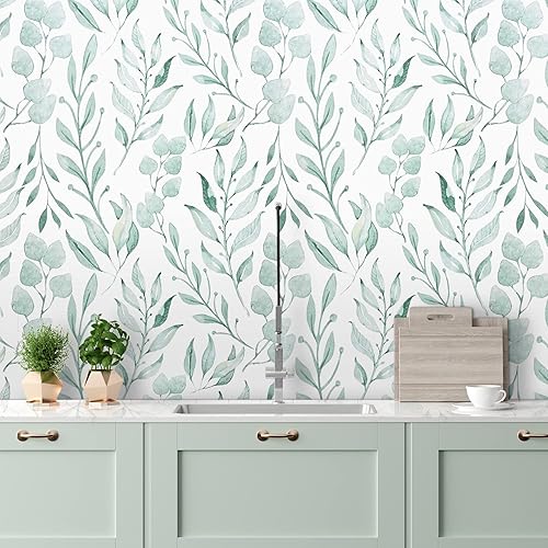 Miniatura 8 de WENMER Papel tapiz floral de hojas verdes, papel tapiz autoadhesivo de 17.7 x 394 pulgadas, papel tapiz autoadhesivo de hojas de acuarela para