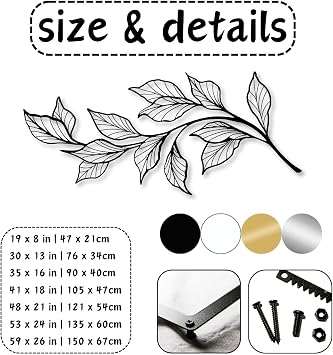 Delicate Leaf Branch Metal Wall Art, Botanical Silhouette Hanging Decor for Living Room Bedroom, Modern Nature-Inspired Metal Wall Decor, Elegant Plant-Themed Accent for Home (Black 30 L x
