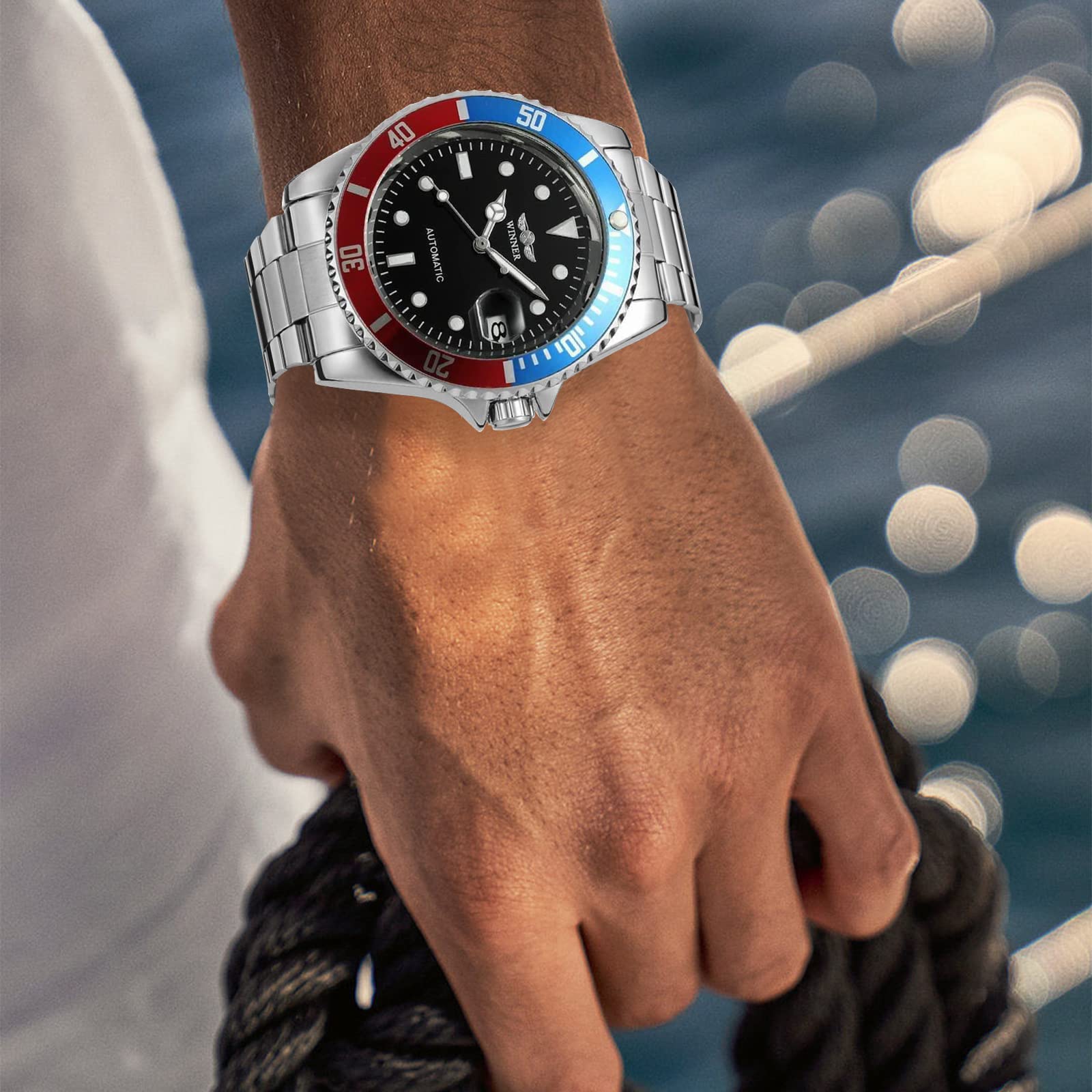 Winner - Reloj mecánico automático para hombre, marca de lujo, de acero completo, resistente al agua, con calendario