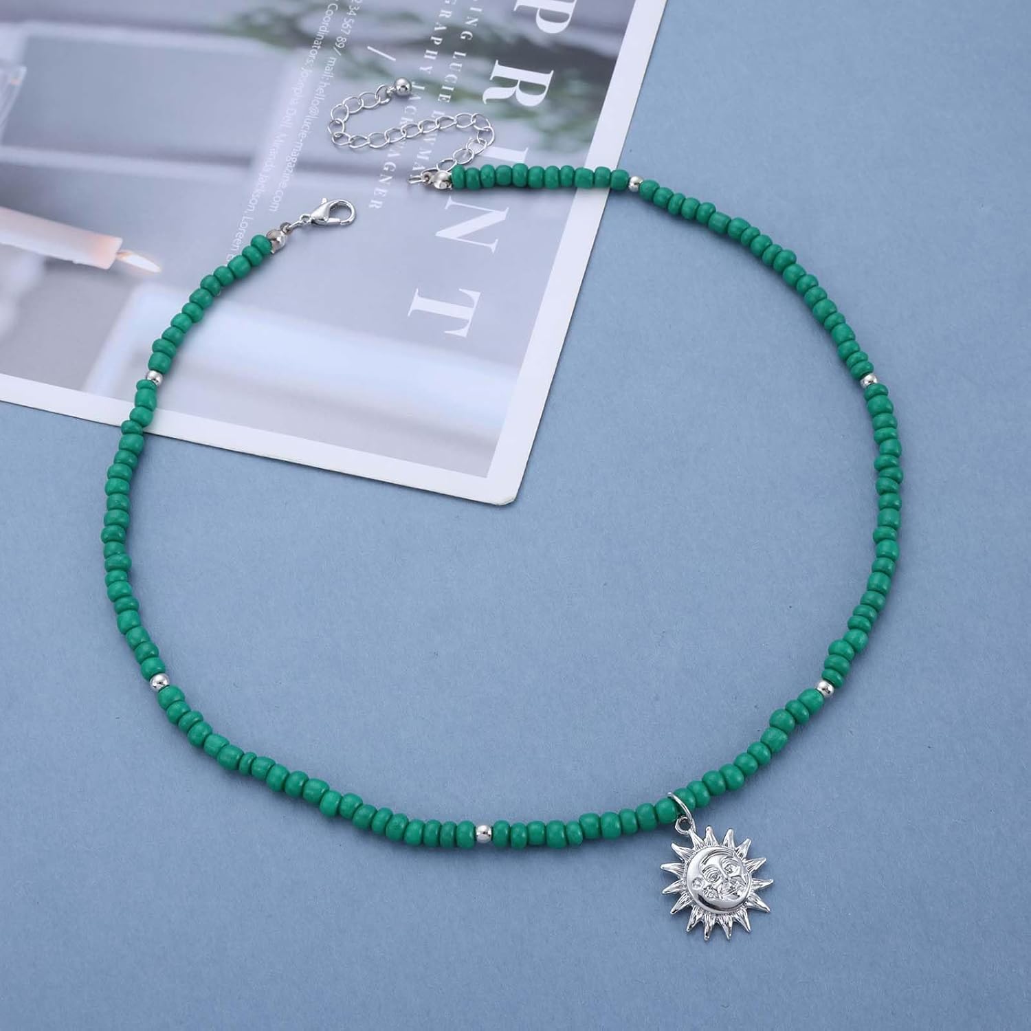 Andelaisi Boho Sun Pendant Necklace Vintage Sunburst Choker Necklace Green Rice Bead Necklace Adjustable Sun Celestial Flower Necklace Jewelry for Women - Image 3