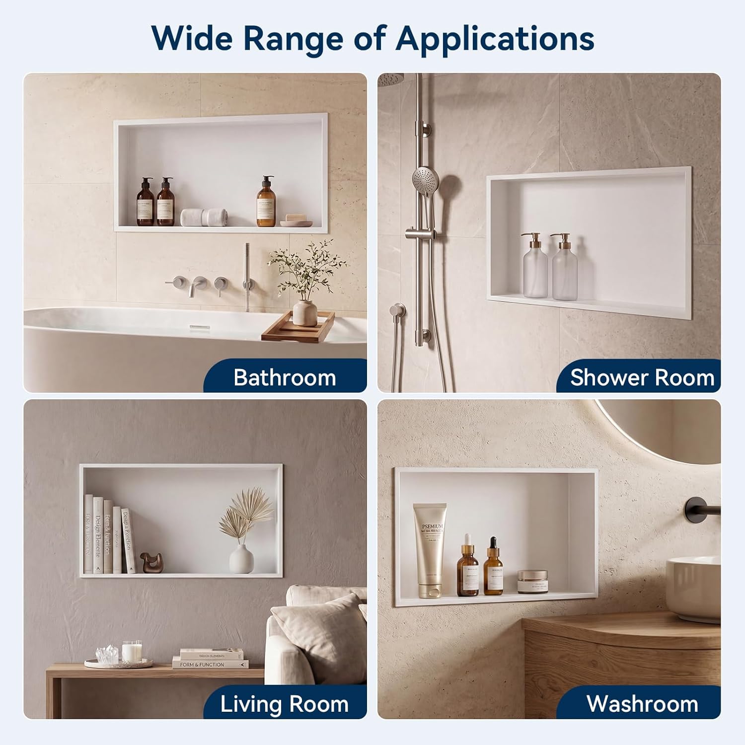 Shower Niche 24" X 12" White, Stainless Steel Wall Niche Recessed Shower Shelf for Bathroom Storage, No Tile Needed Over Mount Installation
