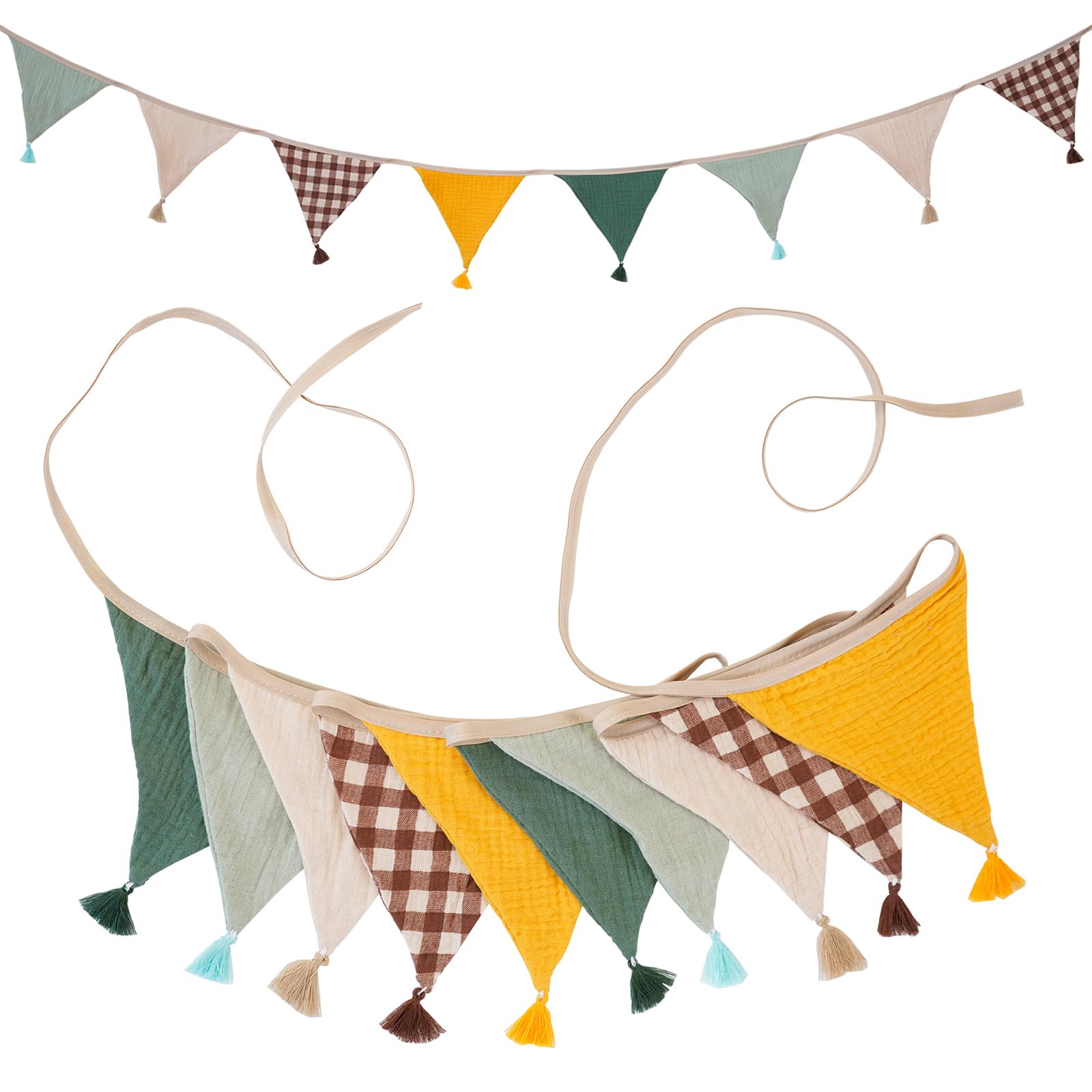 G2PLUS Muslin Fabric Bunting with Tassel: 10PCS Double Sided Cotton Garland, 2.6m Nursery Fabric Triangle Banner for Nursery, Bedroom, Baby Shower, Brithday Party Decoration, Yellow Brown — image 1