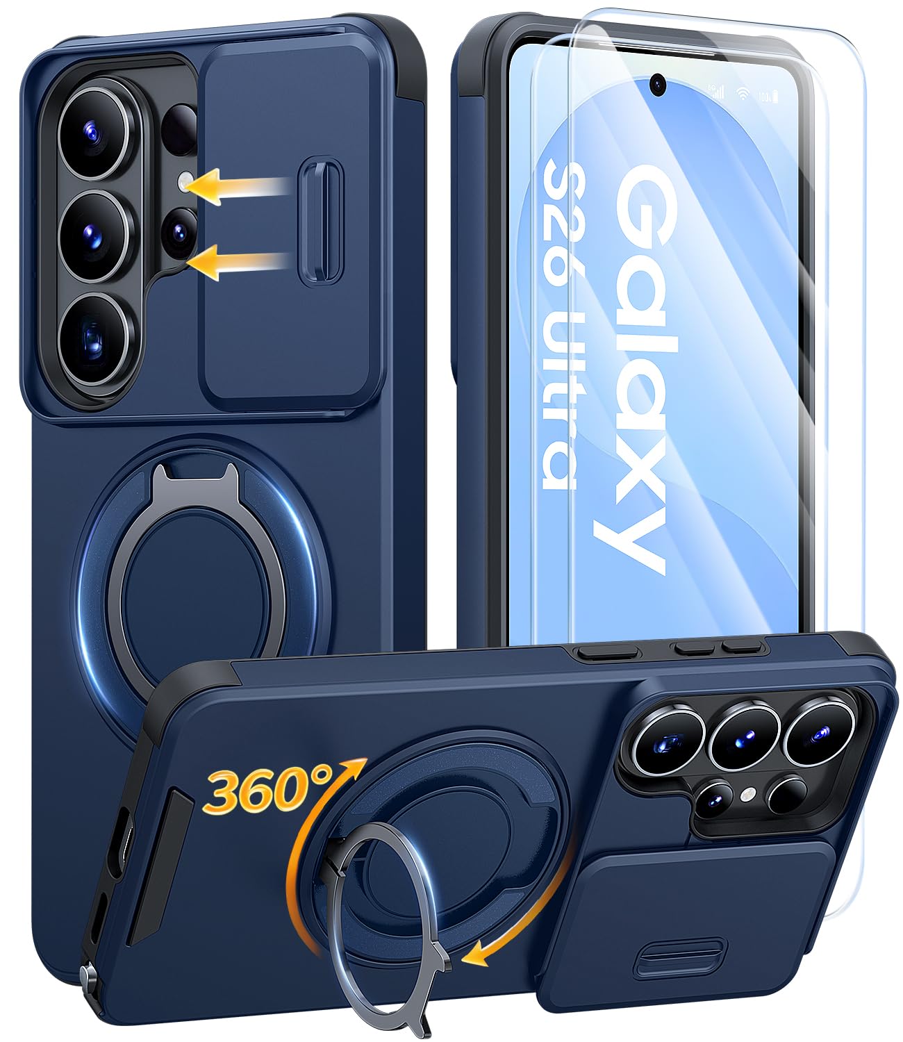AOUIA für Samsung Galaxy S26 Ultra Hülle mit 2 Stück Panzerglas, Kameraschutz, 360° drehbarer Ringständer, Militärstandard Stoßschutz, robuste Handyhülle für Samsung S26 Ultra, Blau