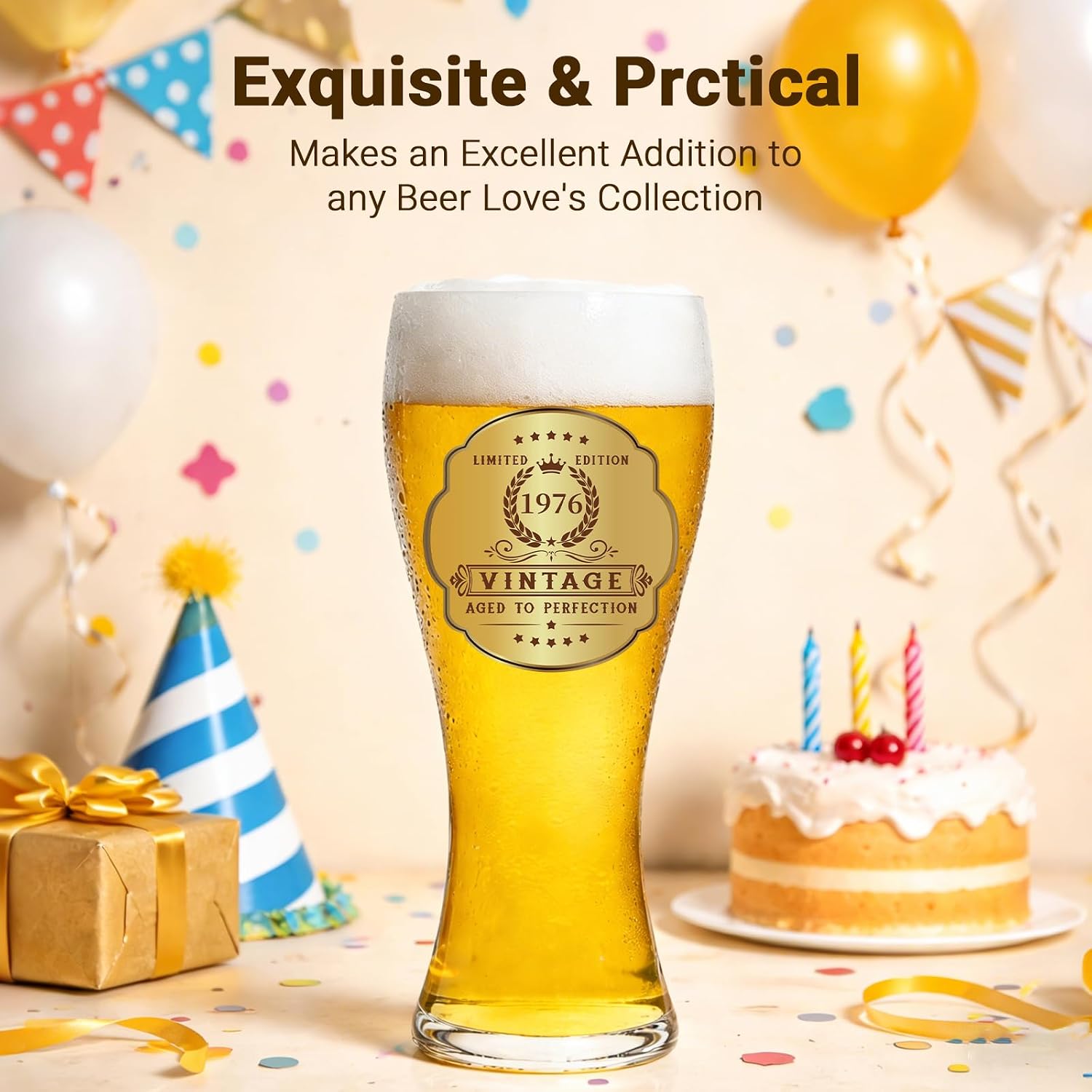 50th Birthday Gifts for Men Beer Glasses Set, 18oz Birthday Gift Ideas Gold Plating Beer Glass, Vintage 1976 Beer Glass 50 Year Old Birthday Decorations for Him, Dad, Husband