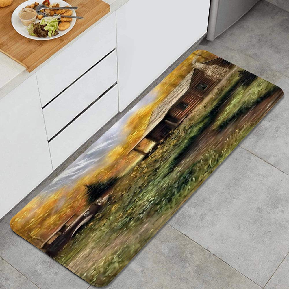 Amazon Eilanna キッチンラグ 秋のキャビンと古い車のパターンのデジタルプリント 滑り止め台所マット 耐磨耗性快適なフローリングのドアマット フロアマット 家 オフィス 流し 掃除易い 台所マット 45 X 1 Eilanna キッチン マット 通販