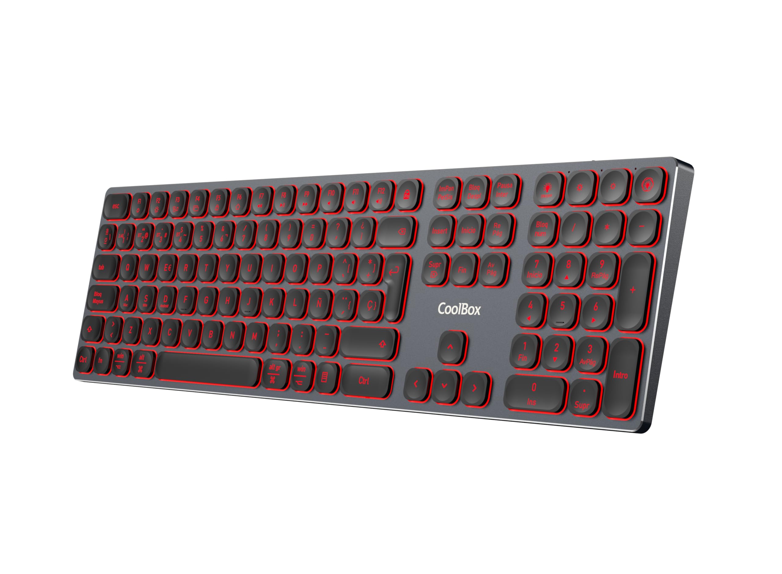 CoolBox Moonlight - Teclado Inalámbrico Recargable para Mac, Windows, Android, Linux. Teclado Silencioso, hasta 4 Dispositivos, Cuerpo de Aluminio, Retroiluminado (7 Colores), Membrana (Negro)