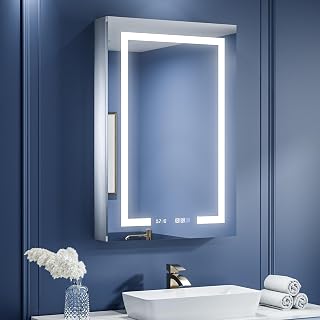 ExBrite 24"x36" Lighted Medicine Cabinet, Recessed/Surface LED Medicine Cabinet, Clock & Temp Display, Defog, Stepless Dimming, 3-Color Temp, Night Light,Built-in 6000K Sensor Light,Hinge On The Left