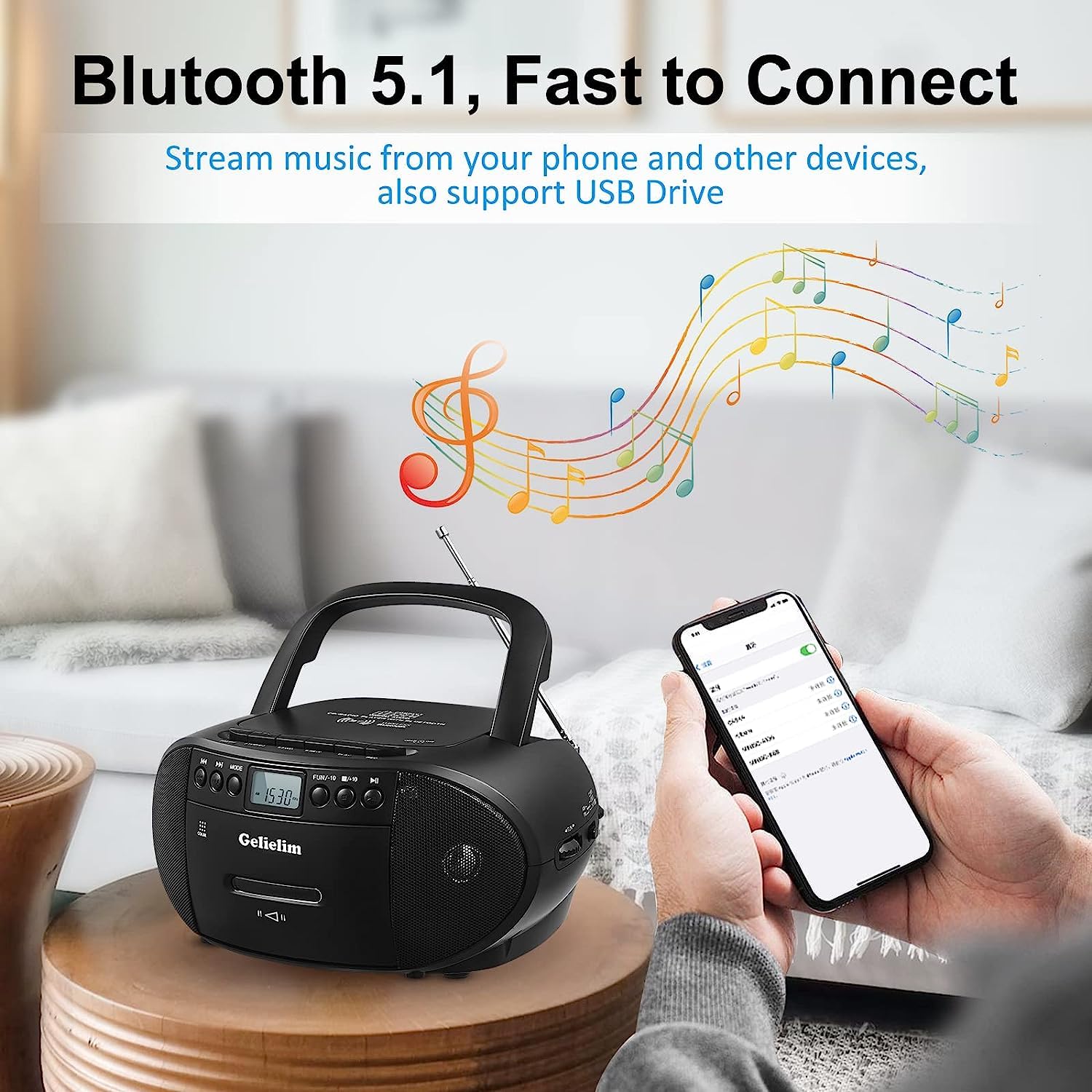 G Keni CD portatile e lettore cassette Boombox Combo, registratore cassette con telecomando, radio AM/FM, riproduzione USB, jack cuffie, alimentato batteria/rete
