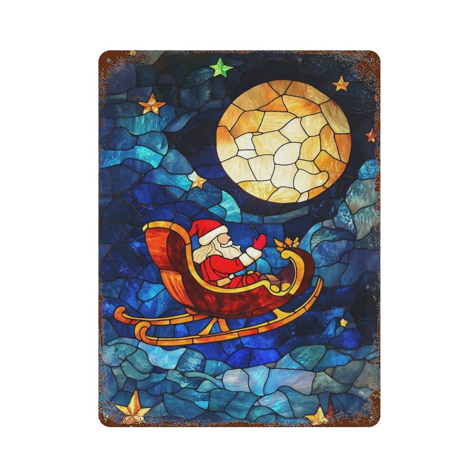 Garage Style Stained Glass Santa Vintage Rust Metal Sign 15.7"x11.8", Vintage Wall Decor for Bar And Workshop