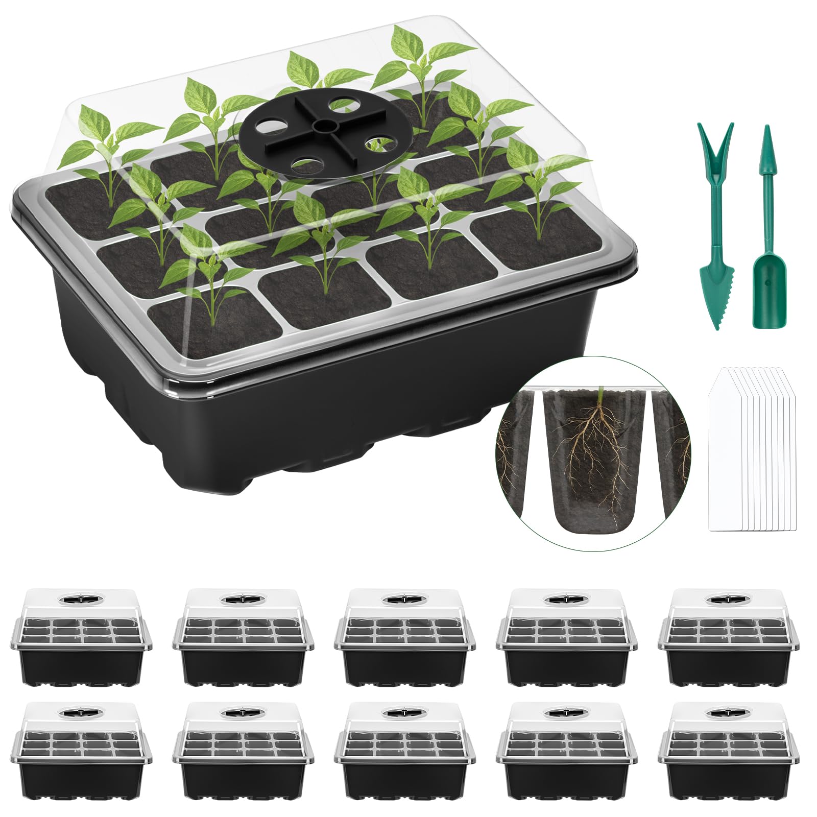 Lychee Seed Trays, 10 Pack 120 Cells Propagator Growing Thicken Seedling Starter Growing Trays with Lidded/Rotatable vent design for Greenhouse & Gardens (Black,10Piece)