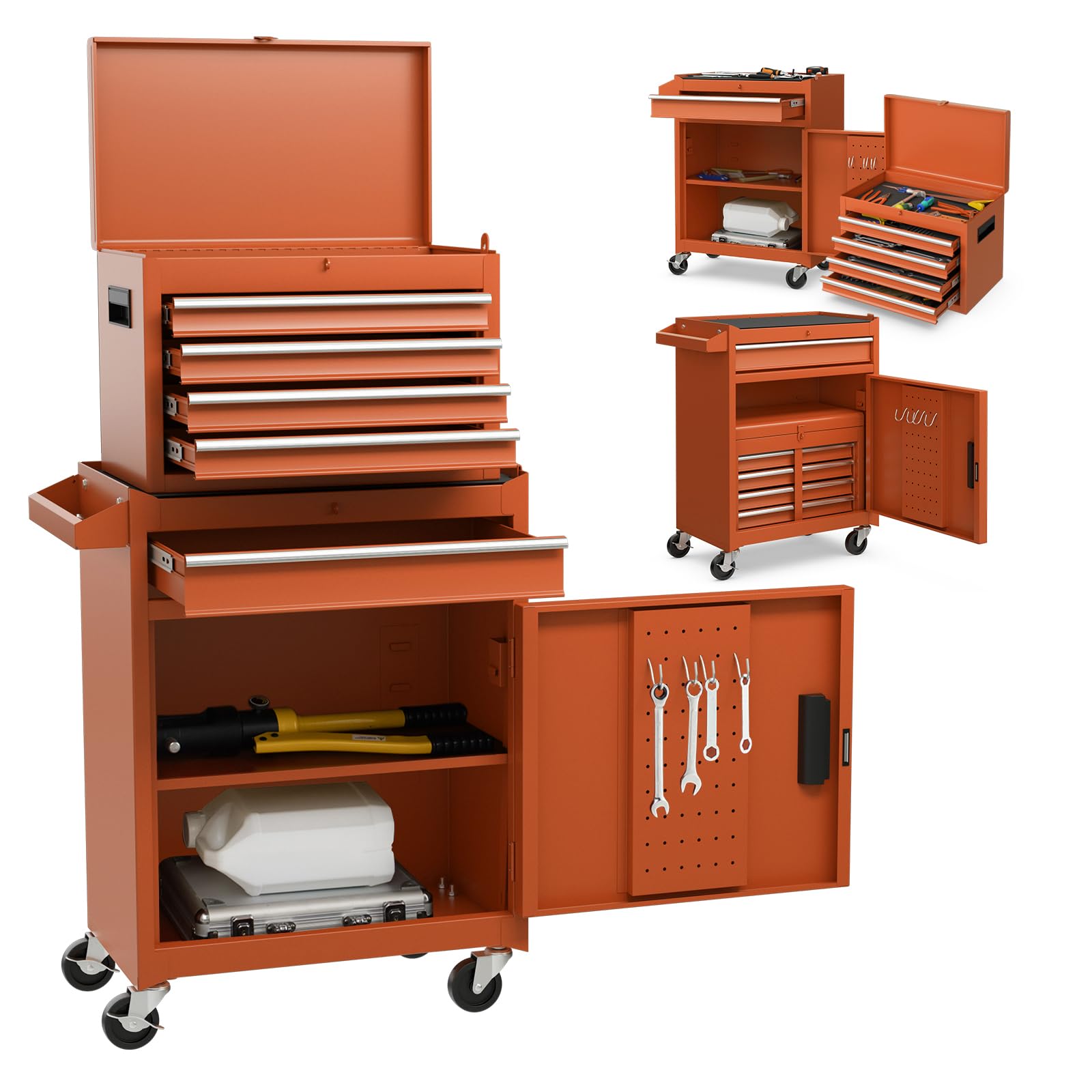 COSTWAY Large Rolling Tool Cabinet, 2-in-1 Detachable Metal Tool Chest with Drawers, Wheels, Handle & Hooks, Lockable Tool Box Trolley for Garage Workshop (5 Drawer with Adjustable Shelf, Orange)
