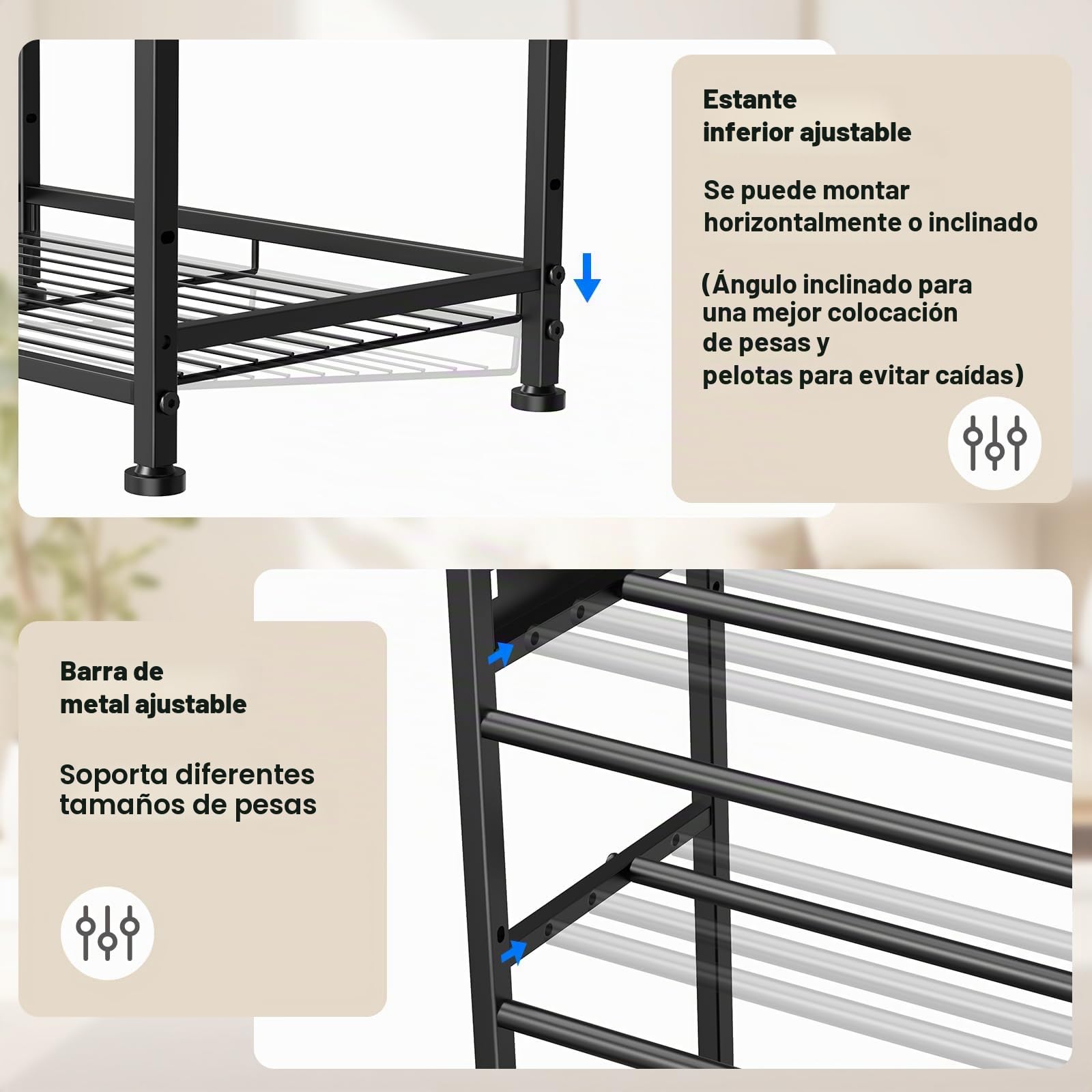 Estante para mancuernas, almacenamiento de gimnasio en casa para pesas rusas, esterilla de yoga y equipo de entrenamiento de fuerza, estante de pesas con organizador de tablero de clavijas
