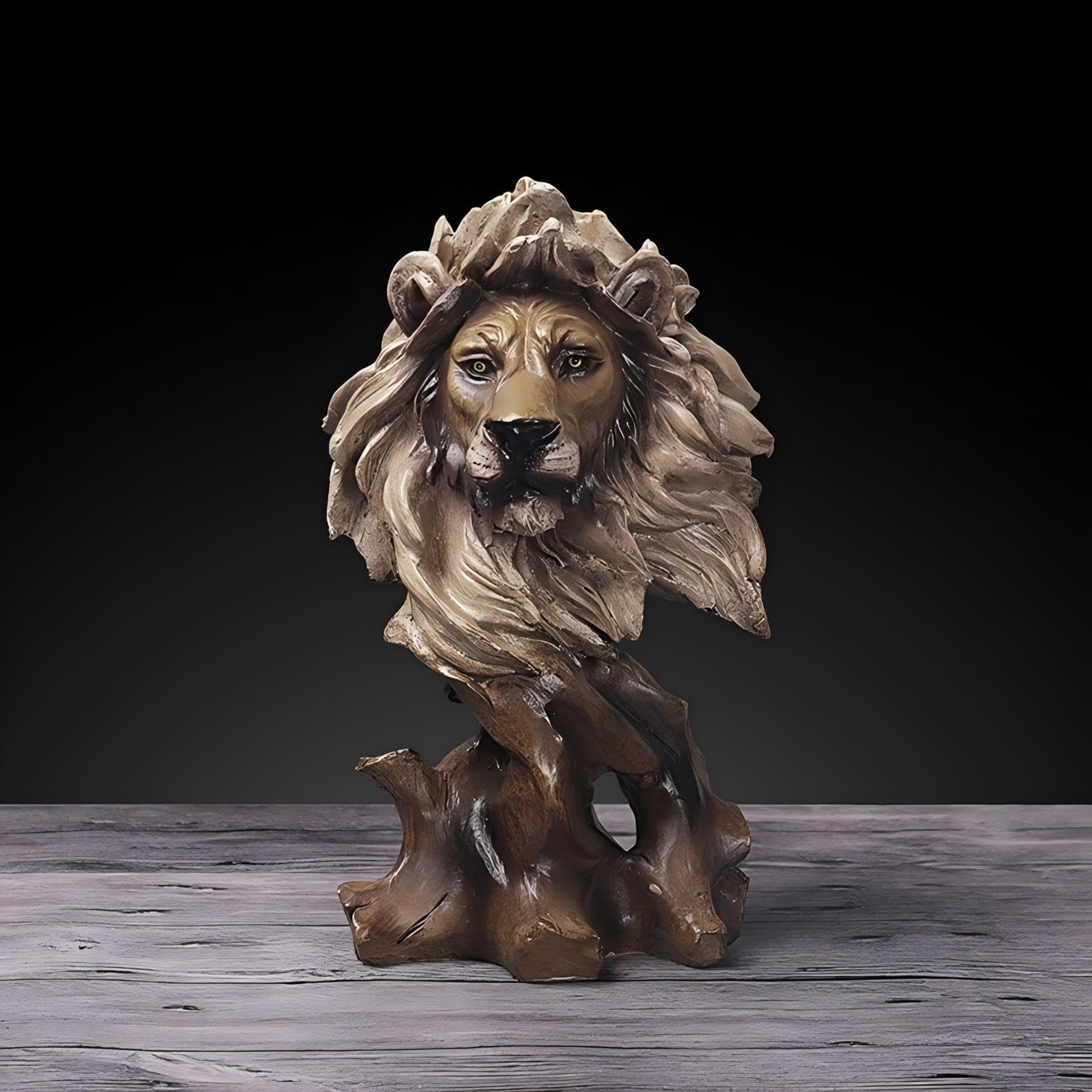 OMELPIS Lion Head Resin Statue Wood-Like Carving Creative Art Sculpture Ornaments Retro Animal Lifelike Home Office Décor Crafts for Living Room TV Cabinet Shelf Table Foyer Decorations Gifts H'28