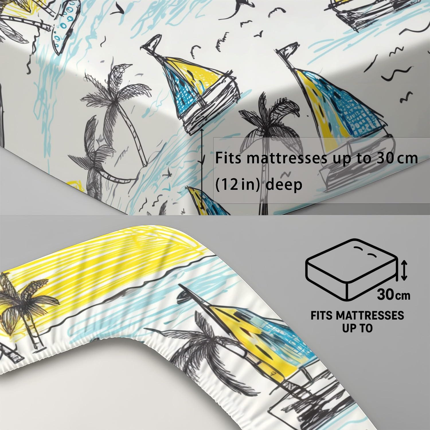 Playful Seaside Sábana bajera ajustable de verano, velero, palmera, pájaro, 30 cm de profundidad, microfibra, transpirable, para cama de matrimonio pequeño para niños y adolescentes, decoración de