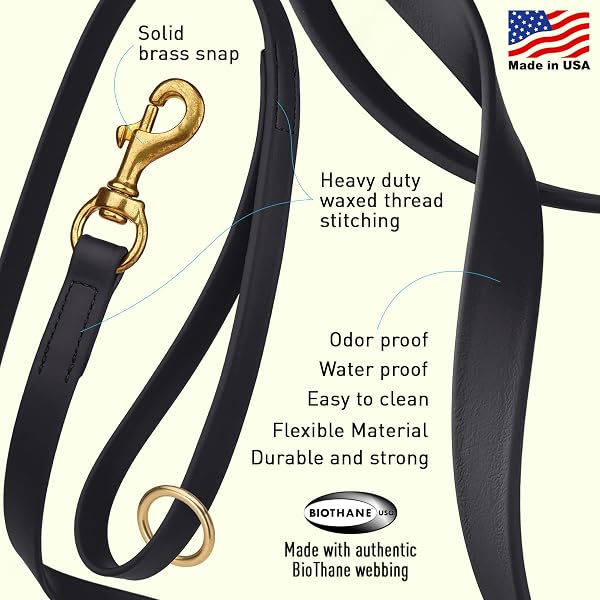 Viper Biothane K9 Working Dog Leash Waterproof Lead for Tracking Training Schutzhund Odor-Proof Long Line with Solid Brass Snap for Puppy Medium and Large Dogs 6ft, Black - 2