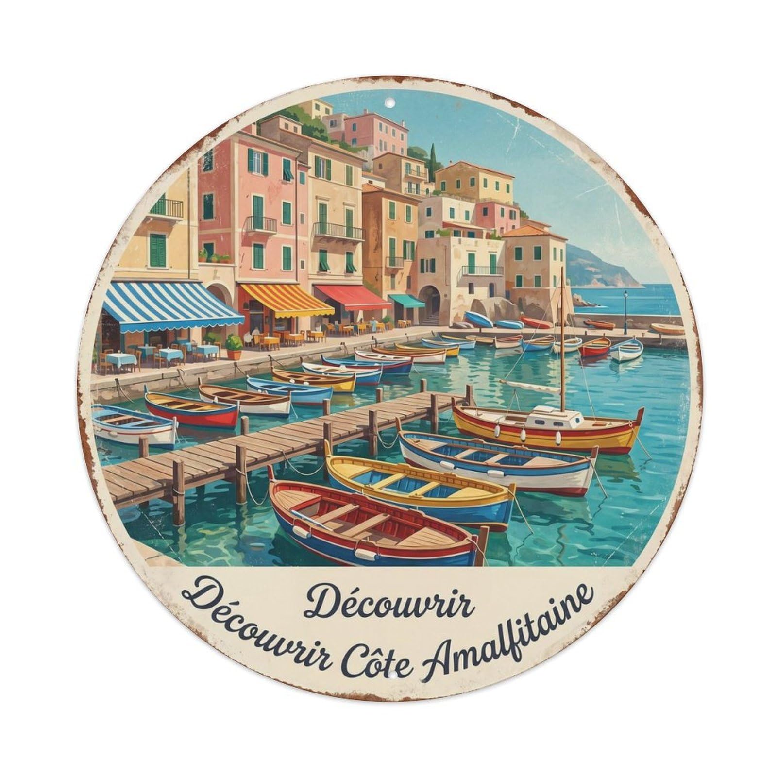 Vintage Italian Coast Marina Waterfront Tourism Mediterranean Metal Tin Sign Plaque Wall Decor for Cafe, Man Cave, Club Bar, Office, Home Garden Round Metal Poster 8x8Inch