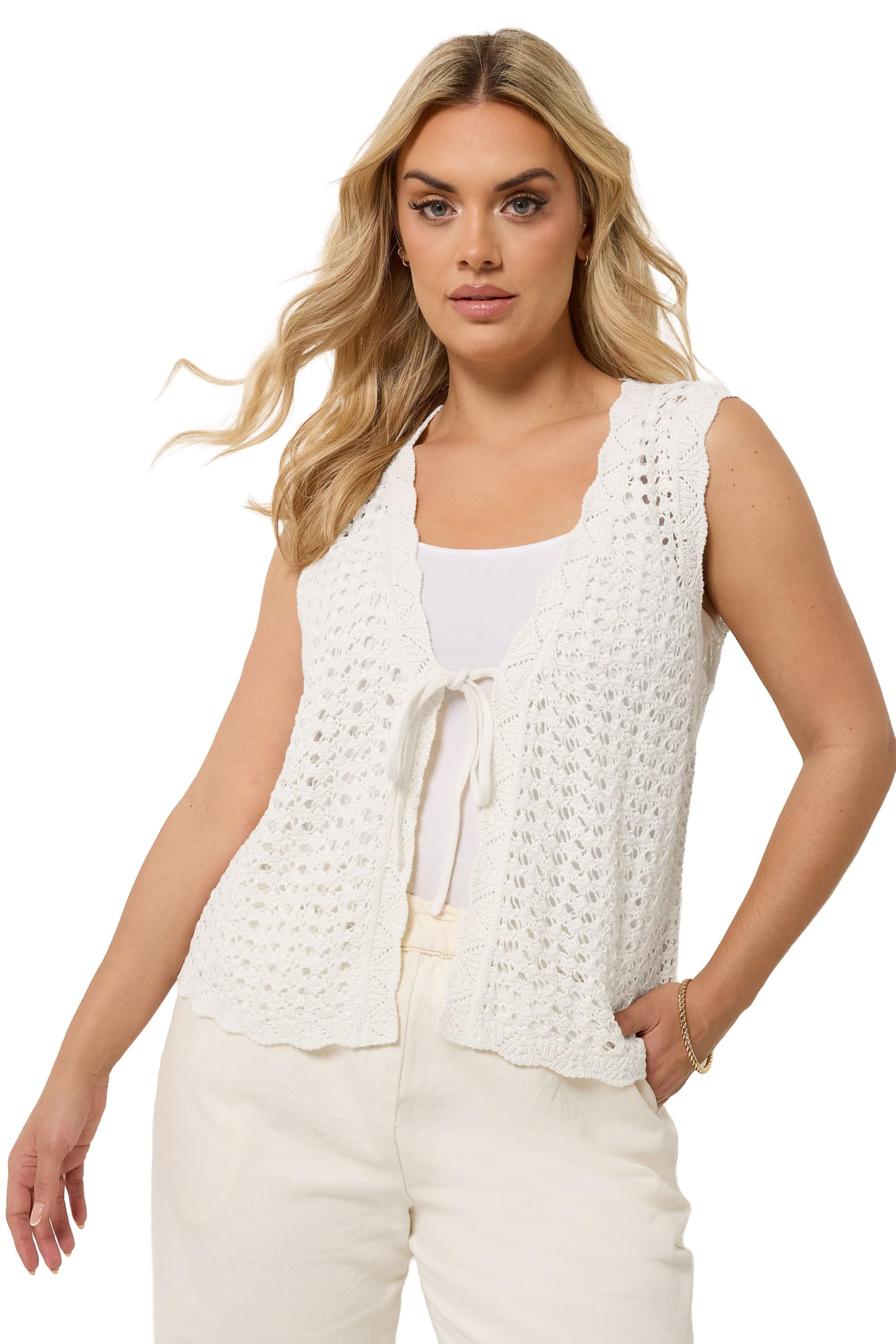 Yours Curve White Scallop Edge Knitted Waistcoat - Women's - Plus Size Curve