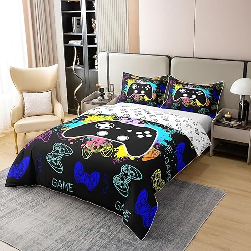 Miniatura 2 de Manfei Juego de ropa de cama de videojuegos para niños, juego de funda de edredón hippie con estampado de consola de videojuegos colorido, juego de